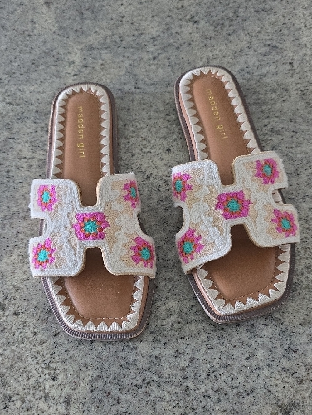 Madden Girl Cream Embroidered Slide Sandals